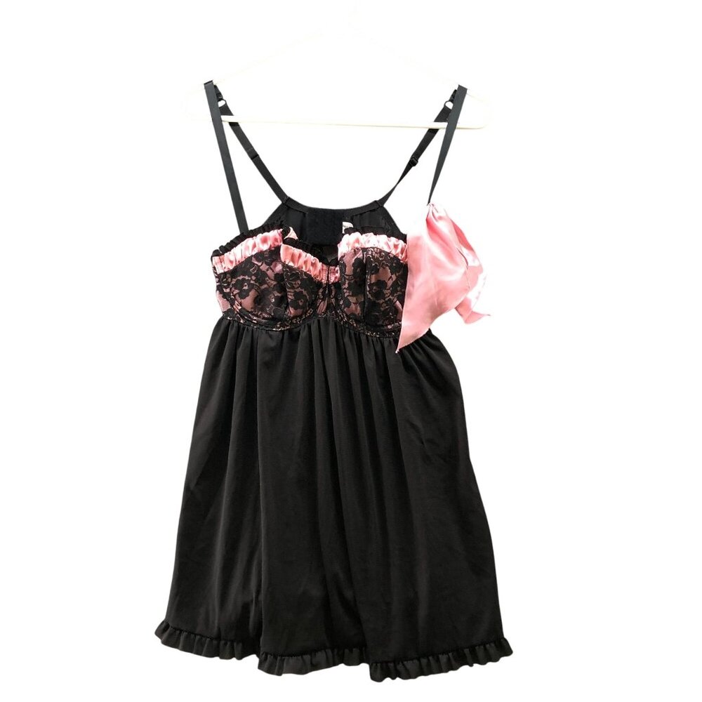 Cacique Chemise Womens 14/16 Black Pink Bow Lingerie Chiffon‎ Lace Bra Cami